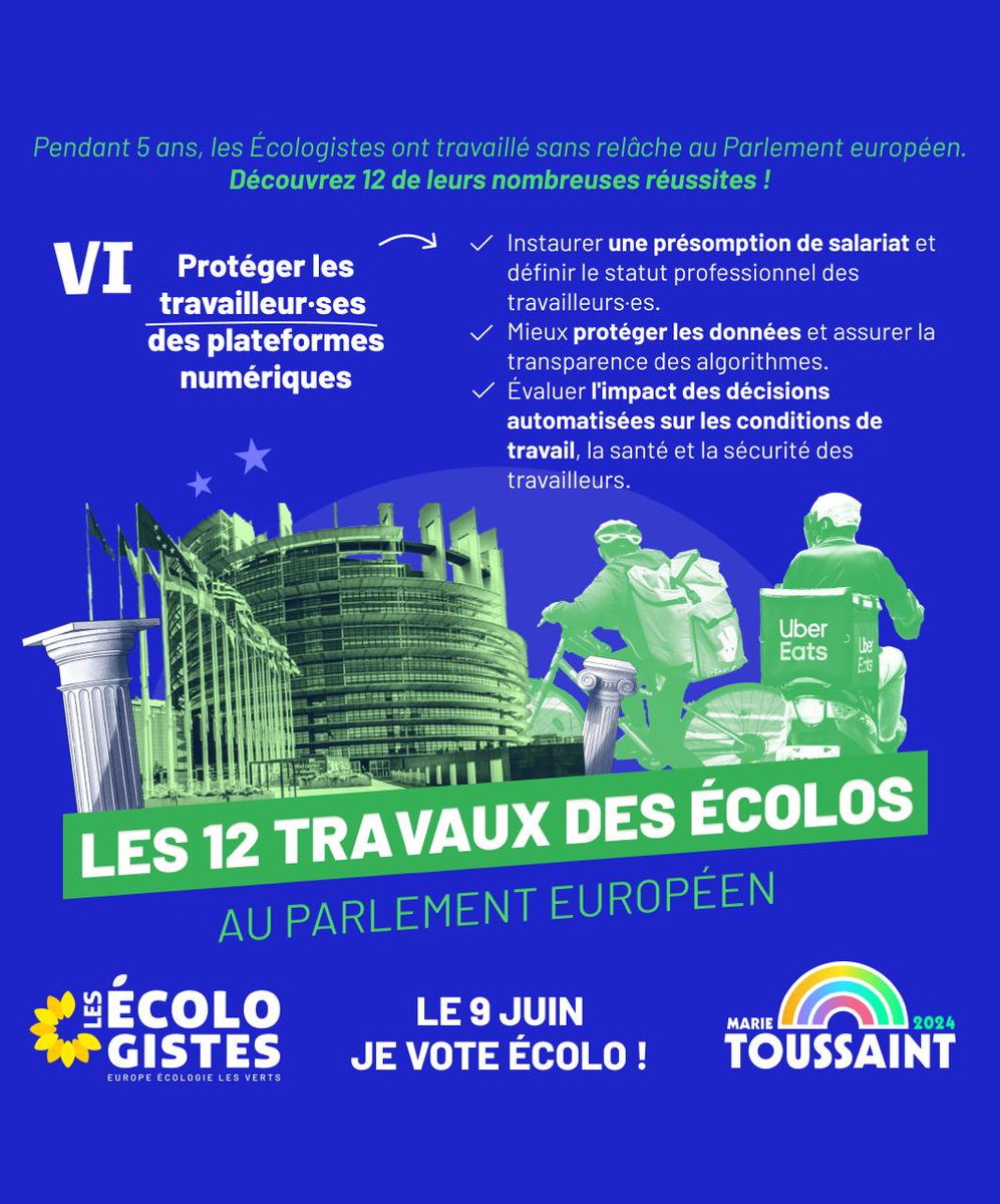 Pendant 5 ans les eurodéputé·es écologistes ont activement travaillé en faveur d’une Europe plus verte et plus sociale. Découvrez les #12TravauxÉcolos !

Zoom sur la directive pour une meilleure protection des  travailleurs des plateformes numériques portée par @MounirSatouri  ⤵️