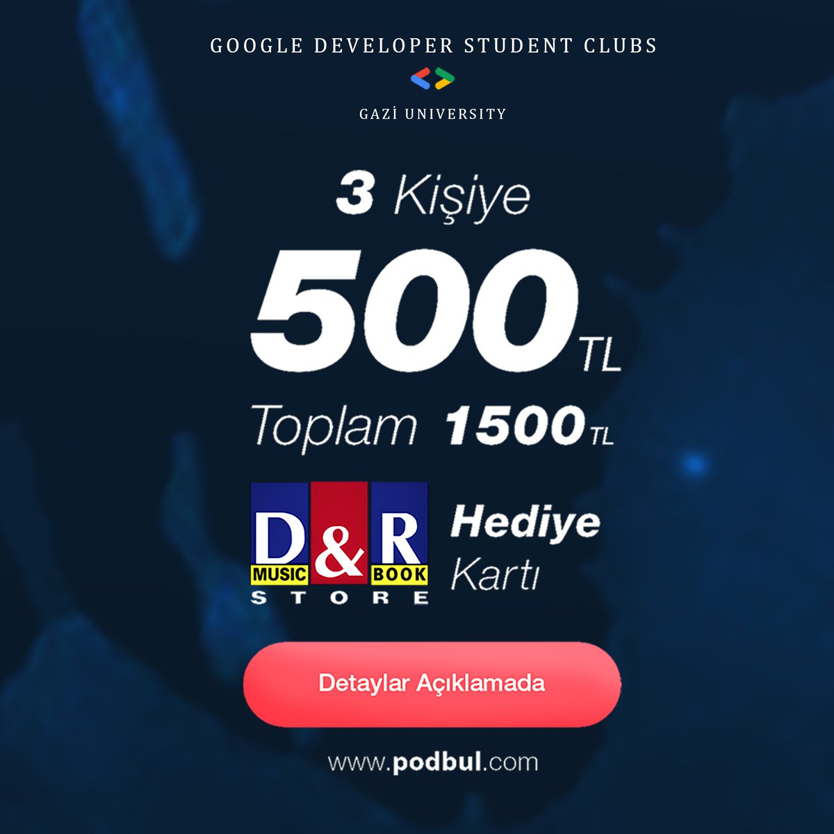 dscgazi's tweet photo. 🌟 Çekiliş Zamanı! 🌟

@podbulsocial ve @dscgazi olarak sizlere özel bir fırsat sunuyoruz! Podbul işbirliği ile  3 farklı kişiye 500tl değerinde D&amp;R hediye çeki veriyoruz. Yapmanız gerekenler ise çok basit : https://t.co/gBiseC7Es0