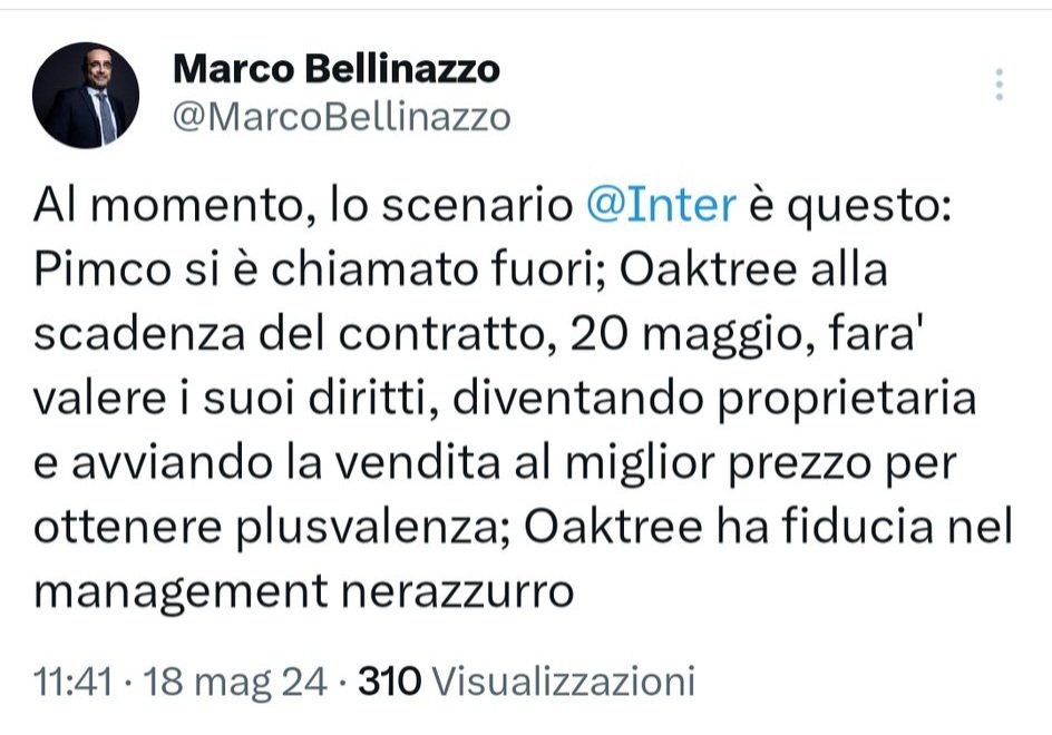 Siccome mi ha bloccato anni fa, commento da screen.
Dalle news uscite fuori pizzichi e bocconi, nel 2021 la valutazione inter era 800 milioni (e troverete miei tweet vecchi dove indico la stessa cifra come valutazione alla base del prestito che fu concesso, era un calcolo