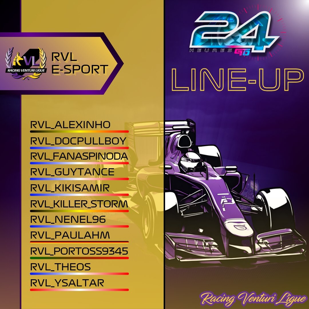 Voici notre Line-Up pour les 24H by @GranTrack10 qui auront lieu le 1 & 2 Juin prochain 🎬 L'objectif est de finir F1 23 sur une bonne note, le plus haut possible dans le classement 👑 Forza RVL 💜💛