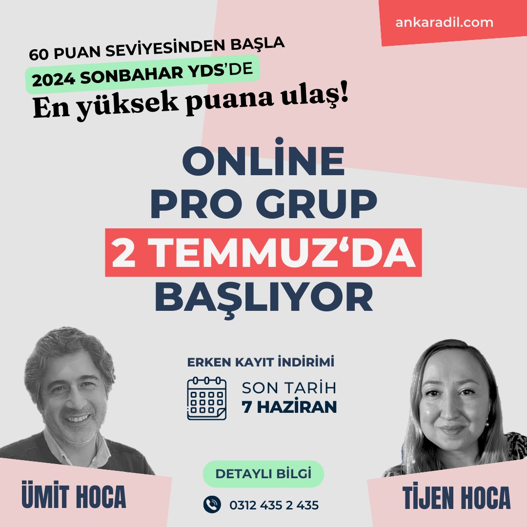 Tijen Hoca ve Ümit Hoca ile 2024 Sonbahar Online Pro Grup YDS/YÖKDİL Dersleri 2 Temmuz'da başlıyor: ankdil.com/procanli . . . . #tijenhoca #ümithoca #yds #yökdil #yökdilsosyal #yökdilsağlık #yökdilfen #eyds #yds2024 #ankaradil #ankaradilakademisi #ADA