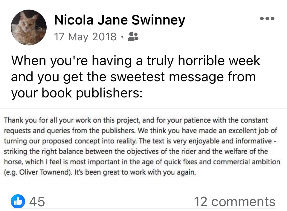 I’m sparing you all from my jokes (stop cheering) but going to make you groan at my blatant self-publicising. 😊 This popped up on FB memories. Can’t remember why I was having a horrible week but it refers to The Sporting Horse, which was shortlisted for a Telegraph Book Award.