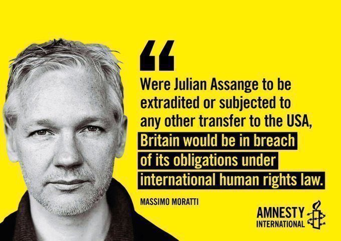 Amnesty International: 'Were Julian Assange to be extradited or subjected to any other transfer to the USA, Britain would be in breach of its obligations under international human rights law'

Extradition decision: This Monday, 20 May  #FreeAssangeNOW