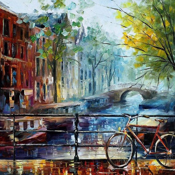 BICYCLE IN AMSTERDAM - Large-Size Original Oil Painting ON CANVAS by Leonid Afremov (not mixed-media, print, or recreation artwork). 100% unique hand-painted painting. Today's price is $99 including shipping. COA provided afremov.com/bicycle-in-ams…