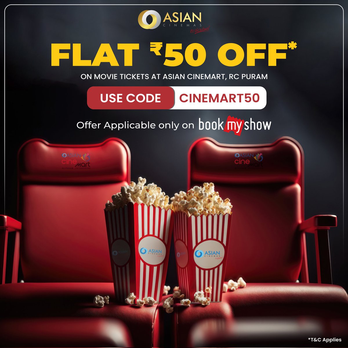 Get ready for an unbeatable movie experience at Asian Cinemart RC Puram! Enjoy a flat ₹50 OFF on your tickets, exclusively on BookMyShow! 🎟️🔥 Here's the Deal: 🎉 Flat ₹50 OFF 📍 Venue: Asian cinemart , RC Puram💥 Use Coupon: CINEMART50📲 📅 Book via : BookMyShow
