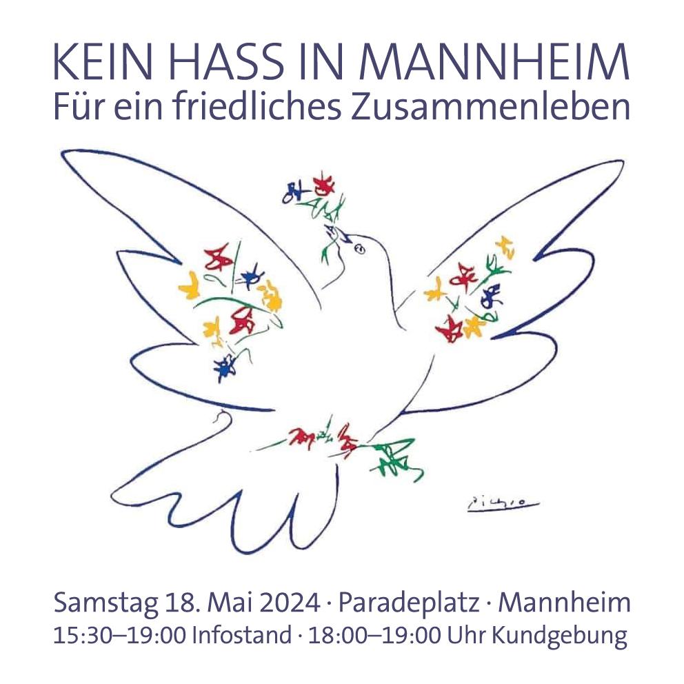 Kein Hass in #mannheim ! Dazu spreche ich heute um 18 Uhr auf dem Paradeplatz. Danke an die <a href="/DIGeV_de/">Deutsch-Israelische Gesellschaft</a> Rhein-Neckar für die Organisation der Kundgebung. 
Bitte kommen Sie und setzen Sie ein Zeichen gegen Propaganda von Terrororganisationen auf unseren Straßen. #BringThemHome