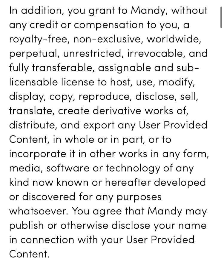 Our industry sinking to a new low when casting service <a href="/TheMandyNetwork/">Mandy.com</a> wants to take away members rights from material generated while seeking work. Shocking. Re-post and share members. Statement will be coming from <a href="/EquityUK/">Equity</a>