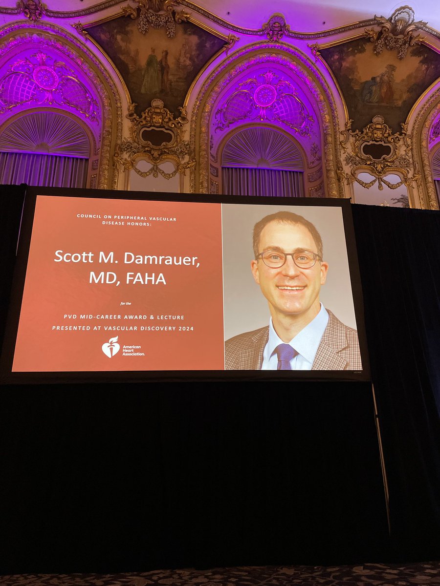 Congratulations to @PennVascular’s Scott Damrauer, MD (@damrauer) on winning the Peripheral Vascular Disease Mid-Career Award at the American Heart Association Vascular Discovery Meeting!#VascularDiscovery2024