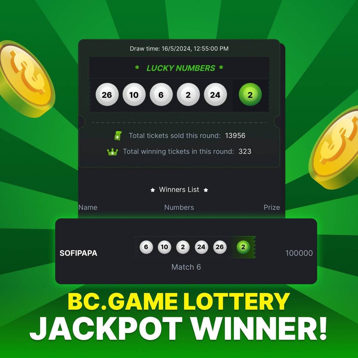 Congratulations to SOFIPAPA 🥂 for winning the $100,000 Lottery jackpot! Join us in celebrating this remarkable achievement. Who will be the next big winner? Share your lottery win screenshots and your UID for a chance to be one of 10 winners to share a $100 prize!