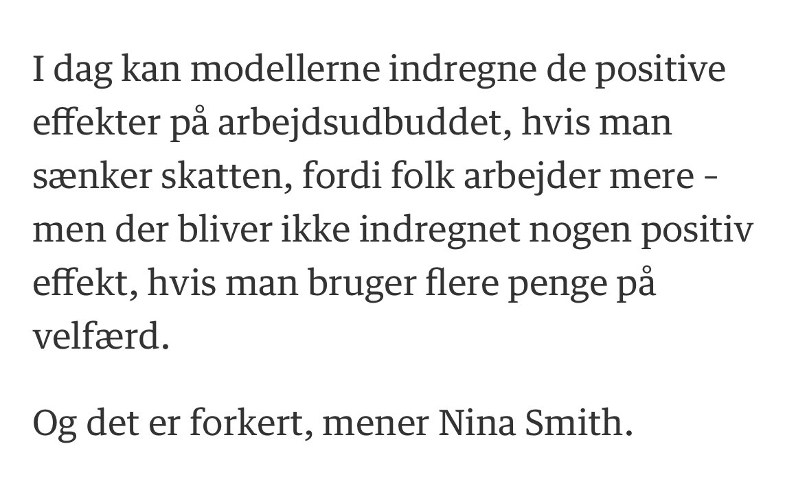 FM’s regnemodeller er ikke fulgt med tiden. Det er budskabet fra Nina Smith i dagens ⁦@berlingske⁩. Enig! Det er skævt, når dynamiske effekter af skattelettelser og ydelsesnedsættelser indregnes, mens dynamiske effekter af offentlige udgifter ikke gør #dkpol #dkøko