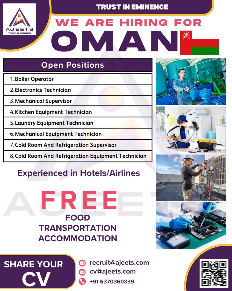 We are hiring for OMAN !!!!

#omanjobs #gulfjobs #cv #candidates #india #urgenthiring #mumbai #jobsearch #abroadjobs #bluecollarjobs #technicianjobs #equipmenttechnician #mechanicalsupervisor #boileroperator #electronicsupervisor #supervisorjob #operatorjobs