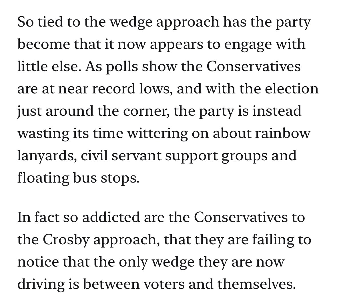 How the Conservative Party's addiction to wedge politics has driven away the very voters they tried to cleave from Labour. adambienkov.co.uk/p/wedged-how-t…