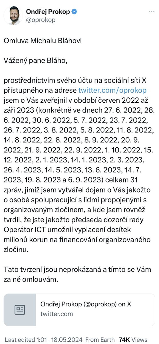 Lhářům a zmetkům se nesmí ustupovat V sobotu zveřejnil @OProkop, šéf pražské organizace Hnutí ANO, soudem vynucenou omluvu, že o mě 31x lhal. Proč o mě začal lhát? Protože jsme v @hlidacstatu zjistili, že bere statisíce na odměnách bez odvedené práce (viz