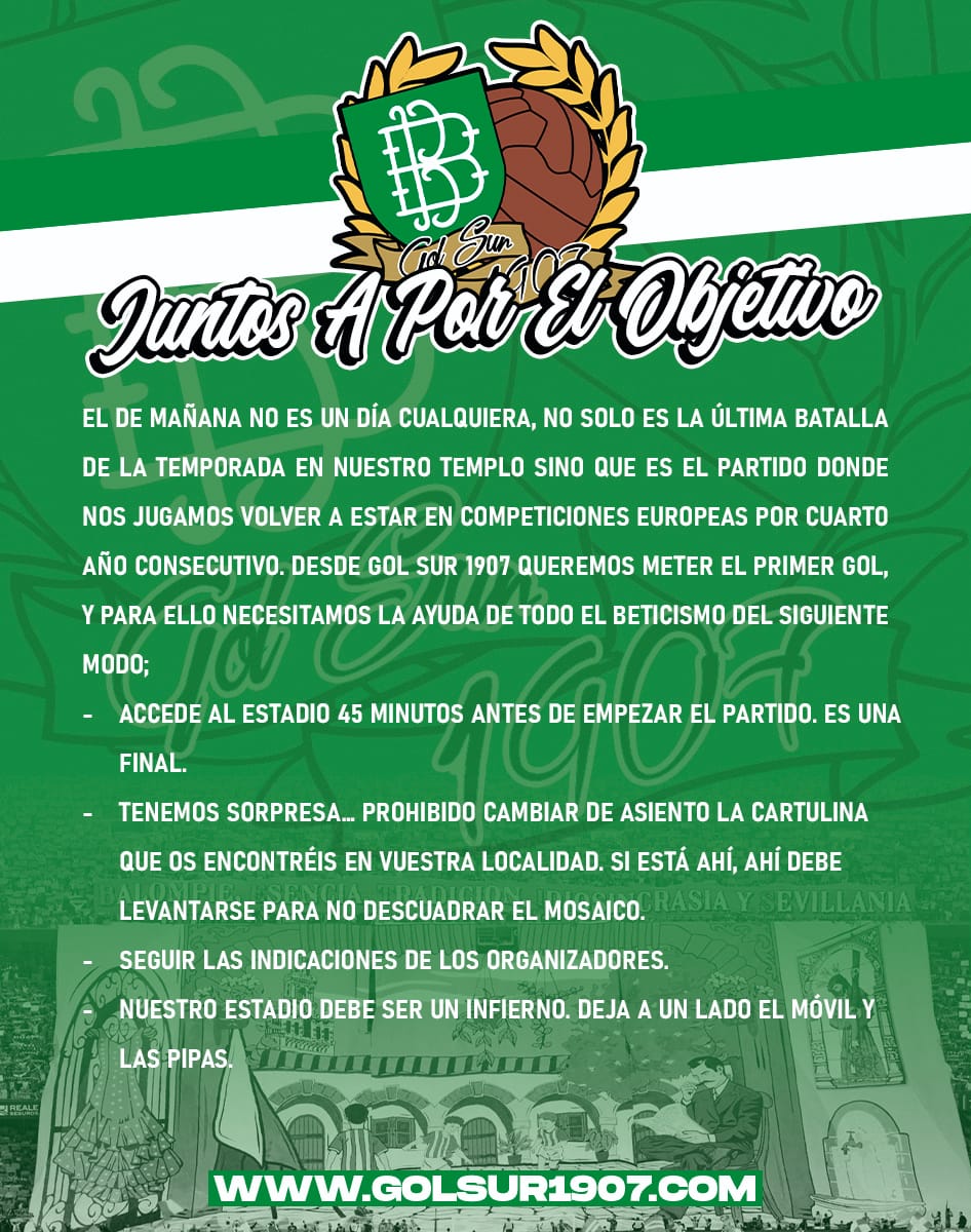 GolSur1907's tweet image. Último partido de la temporada, última batalla, último día en nuestro templo en el que rugen las gargantas, ondean las banderas y se levantan las bufandas. Mañana volveremos a cumplir con nuestro juramento de amor eterno.

¡Que vuelvan las grandes noches del Balompié!

🟢⚪