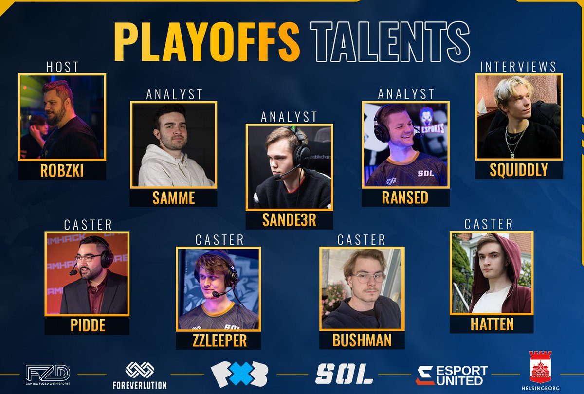 Svenska Onlineligan (@onlineligan) on Twitter photo 📢 Playoffs Division 1 on-air talents 🎙
🎤 Host: @robzki_
🗣️ Intervjuer: <a href="/Squiddly_exe/">Squiddly</a>
📝 Analysts: <a href="/Samme_lol/">Samme</a> <a href="/Sande3rlol/">SNOKEN</a> @JonathanRansed
🔊 Casters: @Piddenamnam <a href="/ZzleeperJR/">Filip "Zzleeper" Rosenquist</a> <a href="/EgonSundstrom/">Egon Sundström</a> <a href="/hat_casts/">hatten</a>
Om en vecka ser ni dom alla på vår stream tillsammans med playoffslagen, 📢 Playoffs Division 1 on-air talents 🎙
🎤 Host: @robzki_
🗣️ Intervjuer: <a href="/Squiddly_exe/">Squiddly</a>
📝 Analysts: <a href="/Samme_lol/">Samme</a> <a href="/Sande3rlol/">SNOKEN</a> @JonathanRansed
🔊 Casters: @Piddenamnam <a href="/ZzleeperJR/">Filip "Zzleeper" Rosenquist</a> <a href="/EgonSundstrom/">Egon Sundström</a> <a href="/hat_casts/">hatten</a>
Om en vecka ser ni dom alla på vår stream tillsammans med playoffslagen,