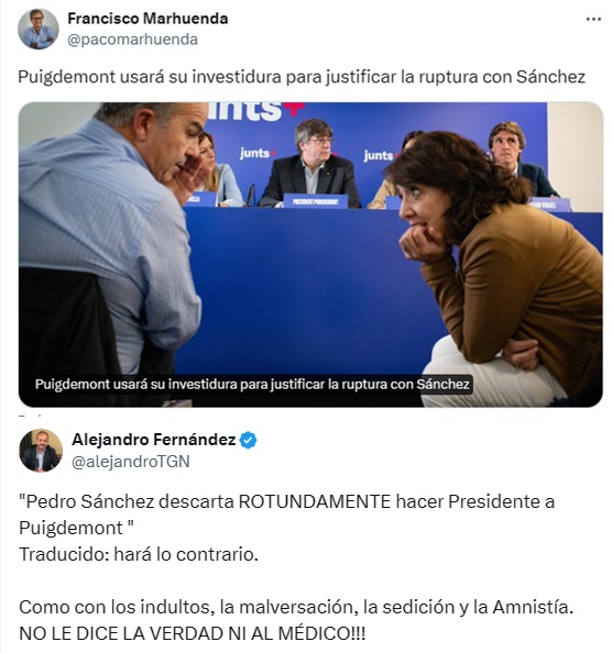 Teneos una derecha asilvestrada que es capaz de defender una cosa y la contraria sin el menor rubor: Puigdemont va a romper con Sánchez y Sánchez va a hacer presidente a Puigdemont 😅