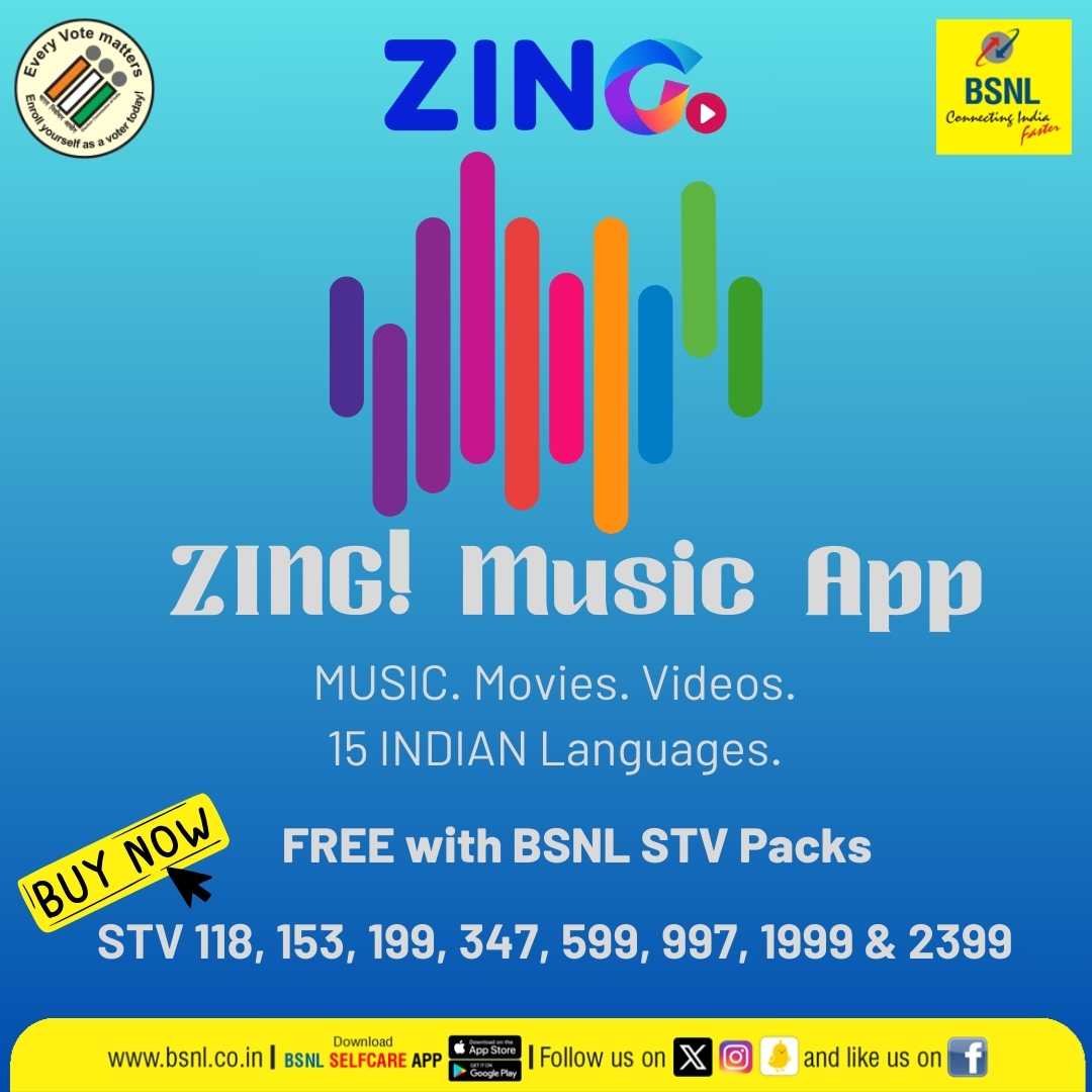 Dive into the vibrant world of regional music, movies, and fun videos on the #ZING app. Exclusive with select #BSNL recharge vouchers! Download #BSNLSelfcareApp Google Play: bit.ly/3H28Poa App Store: apple.co/3oya6xa #RechargeNow #DownloadNow