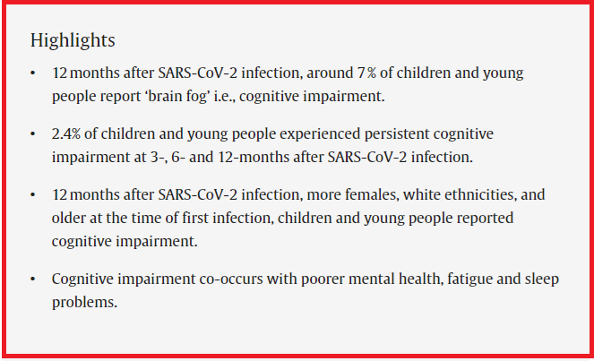 Prevalence and co-occurrence of cognitive impairment in children and young people up to 12-months post infection with SARS-CoV-2 (Omicron variant) ❗The C19 disaster for children is unfolding, now wait for reinfection impact😢 “12 months after SARS-CoV-2 infection, around 7 %
