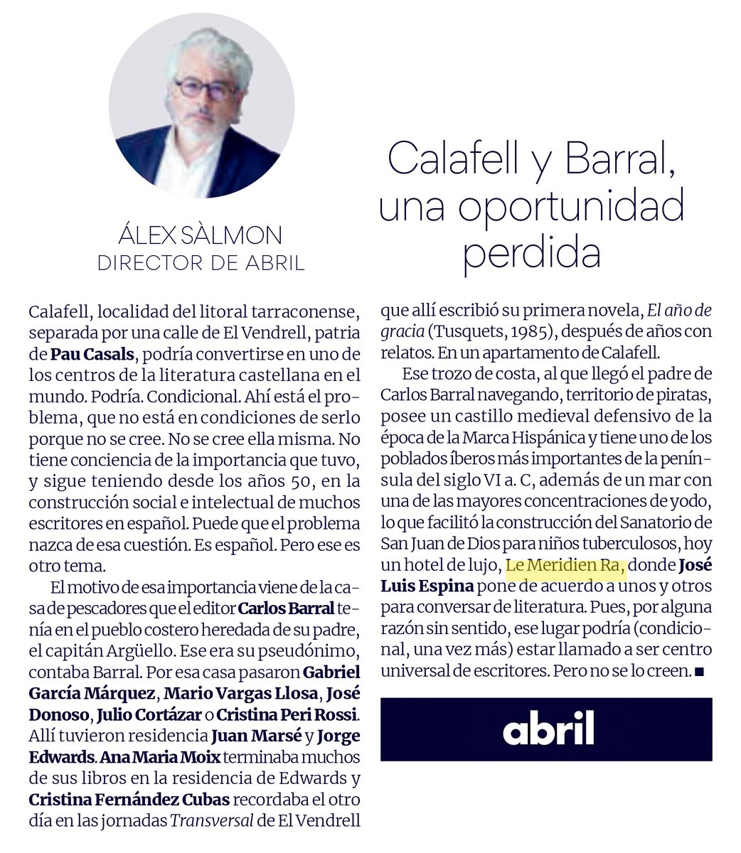 José Luis Espina (@jlespina) on Twitter photo Álex Sàlmon se acuerda de #Transversal'24 <a href="/LeMeridienRa/">Le Méridien Ra</a> en su columna de Abril - <a href="/elperiodico/">El Periódico</a> <a href="/ElPeriodico_Esp/">El Periódico de España</a> y de lo que podría haber sido la Casa Barral de Calafell. Las iniciativas privadas, pasito a pasito, seguiremos aportando lo que podamos a esto que llaman cultura. Álex Sàlmon se acuerda de #Transversal'24 <a href="/LeMeridienRa/">Le Méridien Ra</a> en su columna de Abril - <a href="/elperiodico/">El Periódico</a> <a href="/ElPeriodico_Esp/">El Periódico de España</a> y de lo que podría haber sido la Casa Barral de Calafell. Las iniciativas privadas, pasito a pasito, seguiremos aportando lo que podamos a esto que llaman cultura.