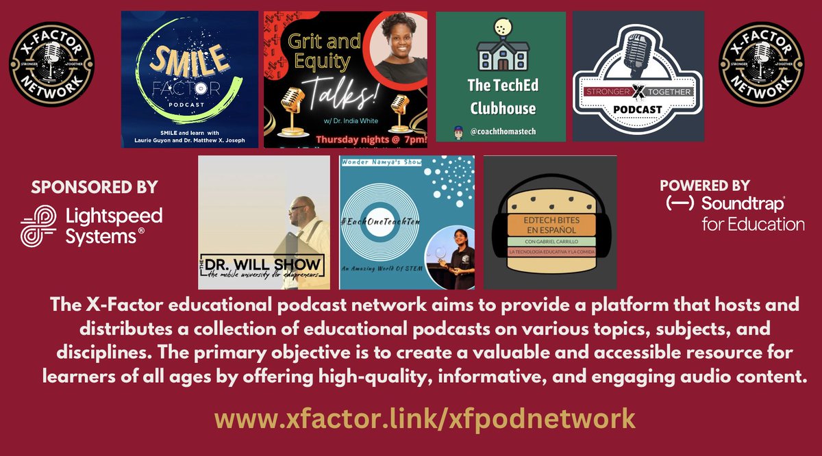 The @XFactorEdu educational podcast network hosts and distributes a collection of educational podcasts. 
Check out new episodes from @SMILELearning and @MatthewXJoseph @Indispeaknteach @coachthomastech @EdTechBites @iamDrWill @WonderNamya 

Visit: xfactor.link/xfpodnetwork