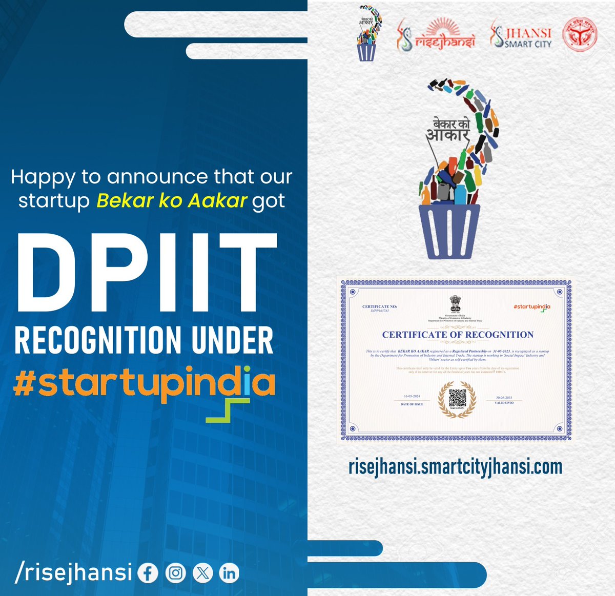 🎉 Exciting news! Bekar Ko Aakar, a startup from RISE Jhansi Incubation Center, receives DPIIT Recognition under #StartupIndia! 🚀 #DPIITRecognition #RiseJhansi #Entrepreneurship