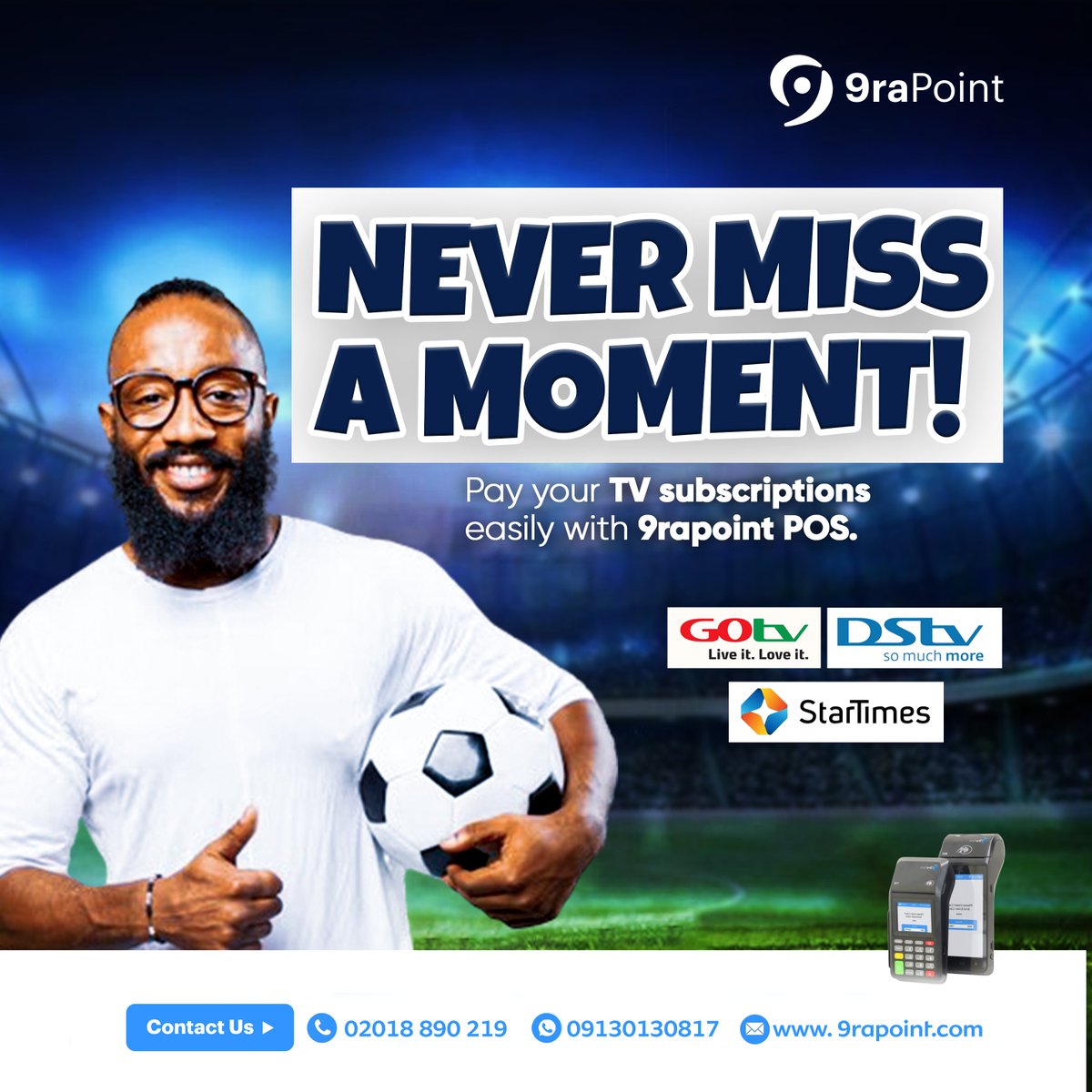 Never Miss a Moment!
You can pay your TV subscriptions using 9rapoint POS.

#gotv #dstv #startimes #subscription #payment #banking #agencybanking #9rapoint #horizonpay