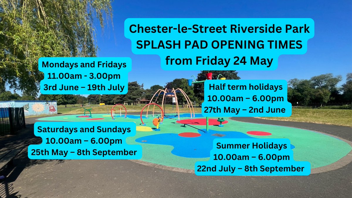 💦 Chester-le-Street Riverside Park Splash Pad opening times 💦 The splash pad will open from Friday 24 May just in time for half-term! Summer fun awaits ☀️😁