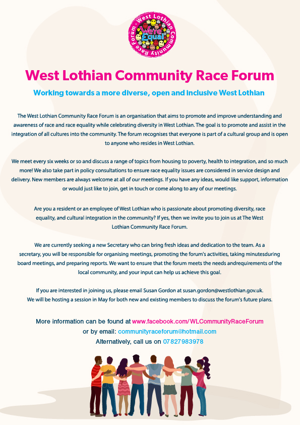 West Lothian Race Forum is looking to invite new members to their meetings. They are also looking to recruit a secretary who can bring fresh ideas and dedication to the team. Want to know more? Check out the flyer below, or follow them on socials. 📲 @race_west