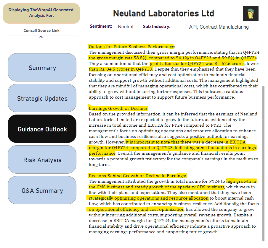 Neuland Labs

1. Expect FY'25 to be a consolidation year
2. Guidance of 20% revenue growth
3. High growth in CMS and steady growth in GDS
4. Focusing on operating efficiency to reduce costs
5. EBITDA Margins and PAT decreased vs Q4FY23

Generated via thewrap.investkaroindia.in