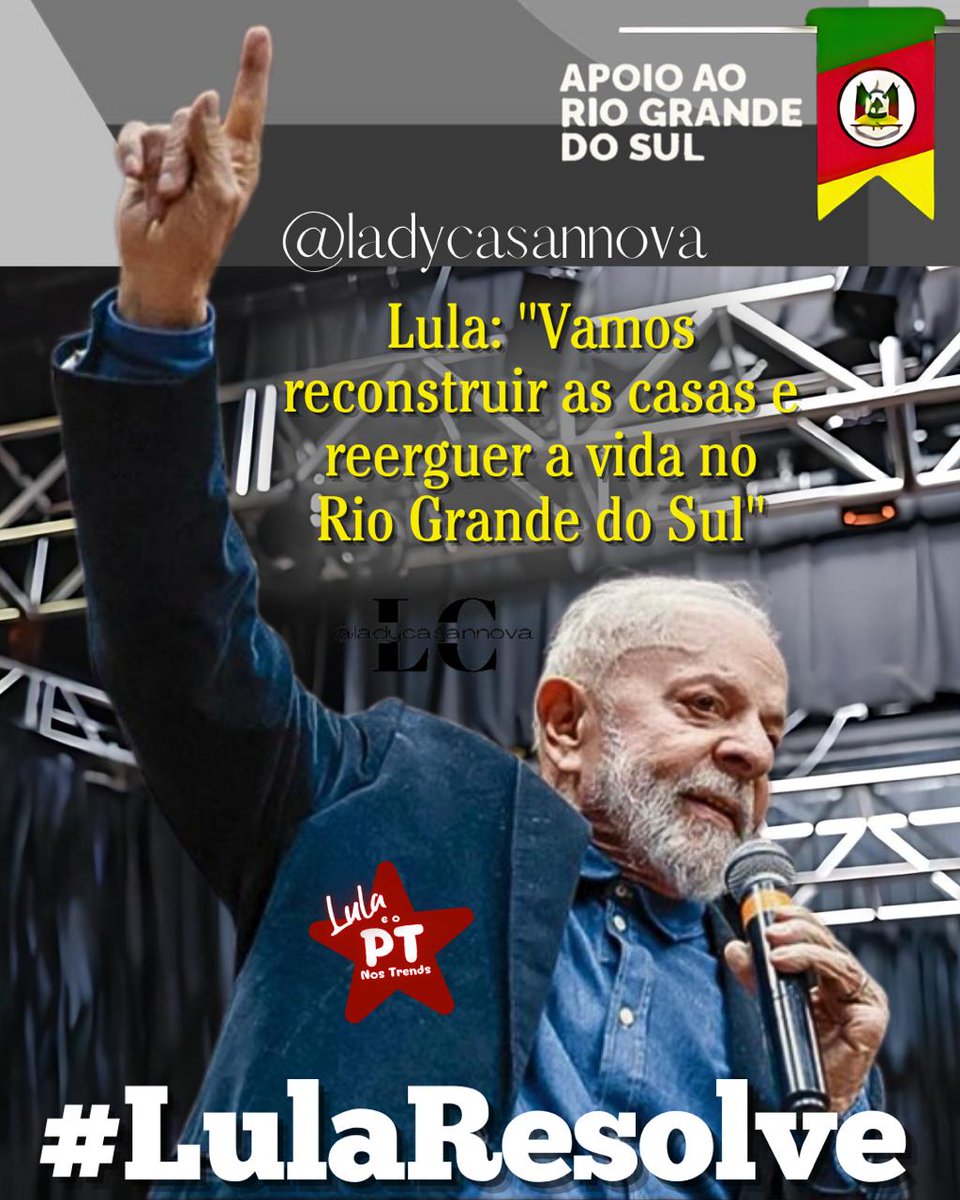 Dia Vermelhinhos! 🚩 Nosso ❌istaço continua, mostrando o empenho de Lula em resolver a situação causada pelas cheias e reconstruir o nosso RS! @LulaOficial @ptbrasil @parasamuel Dêem RT, usem e abusem da hashtag: 👇🏻 *#LulaResolve*