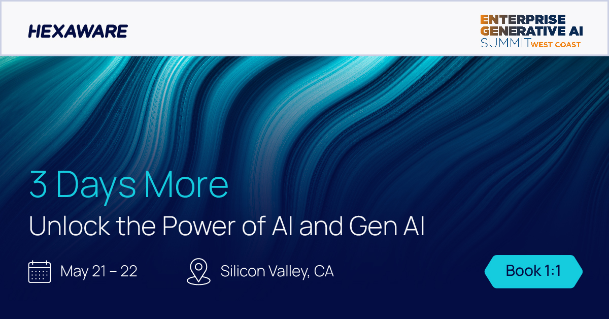 Only three more days for #EGASummit (May 21-22)! Meet Hexaware's Gen AI & #AI experts at booth #7 & transform your business with secure, scalable AI solutions.  bit.ly/3wEIxqb
#GenerativeAI #TechInnovation #EnterpriseAI #HexawareLeaders #GenAI #BusinessTransformation