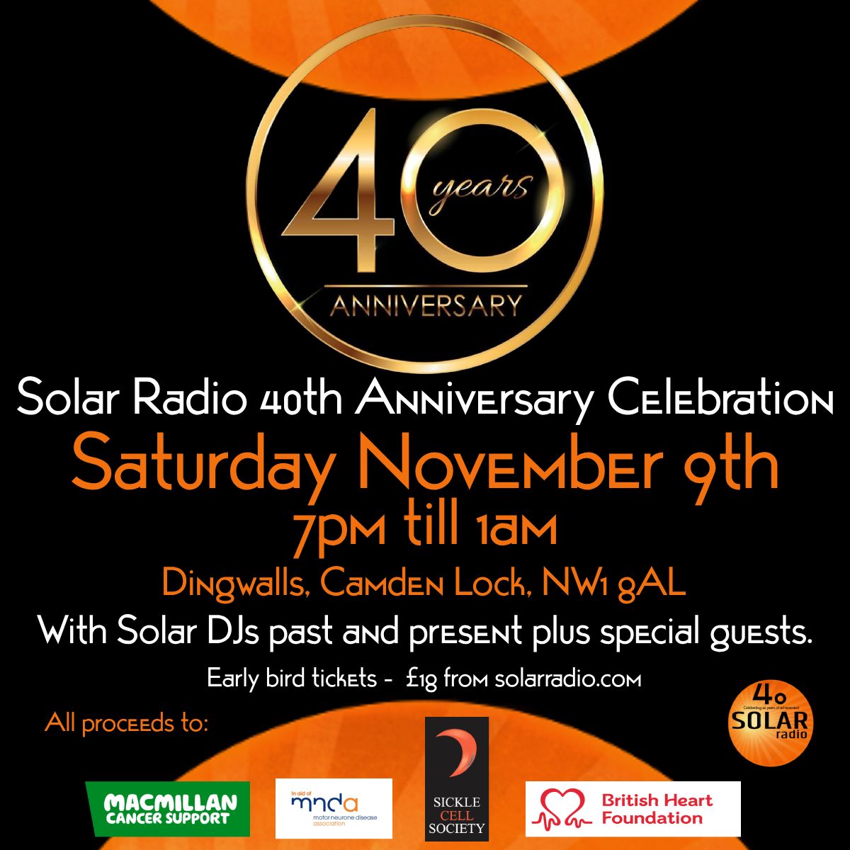 Solar Radio is marking 40 years with a special event on Saturday, November 9th, 2024. Early Bird tickets are available for £18.00 each, with proceeds supporting the Sickle Cell Society and other charities. For more details, visit: buff.ly/3K6Mbwg.