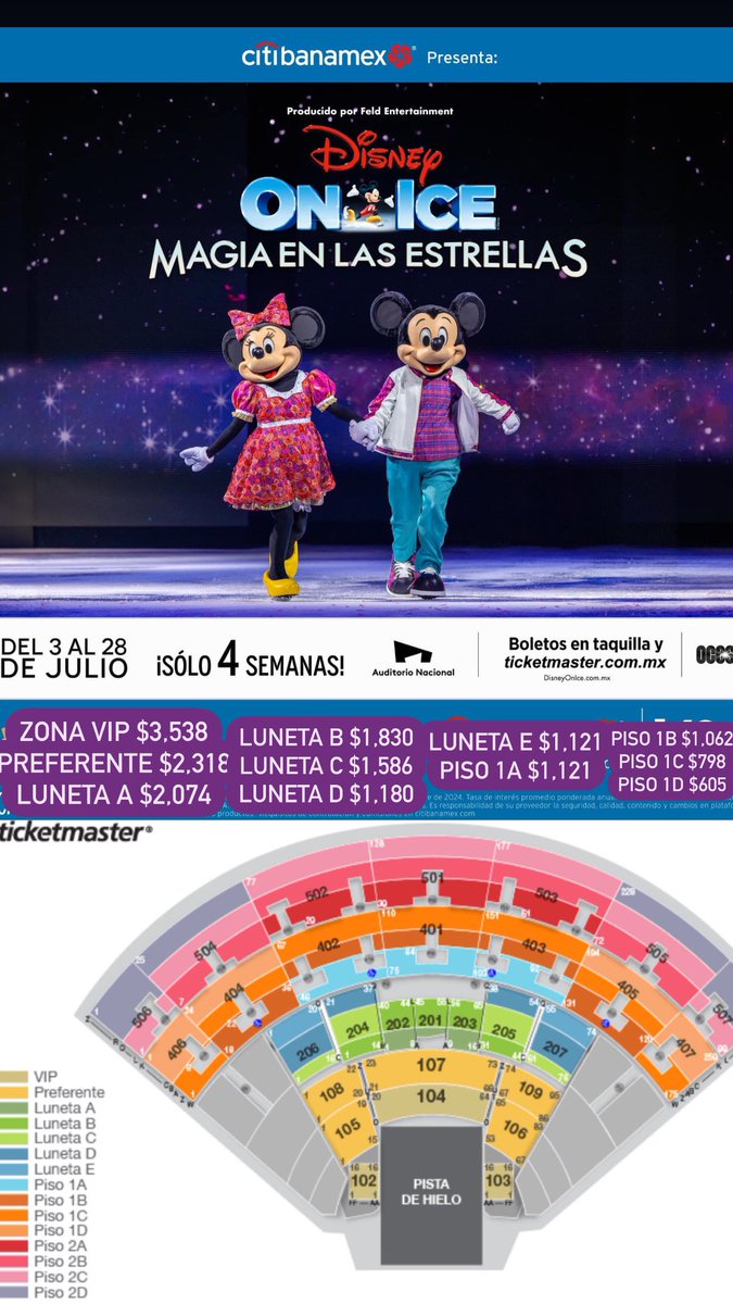 Disney on Ice ⛸️ México 🇲🇽 🗓️ Del 3 al 28 de Julio del 2024 🗓️ 🏟️ Auditorio Nacional 🏟️ CDMX 📍 ✨ Magia en las Estrellas 🌟✨ 🎫 Venta General 11:00 AM 🎟️ Acepta todas las tarjetas Crédito/Débito: VISA, MASTERCAD y AMEX 🎫 Límite: 8 Boletos Link: bit.ly/3V0Lz1A 💳