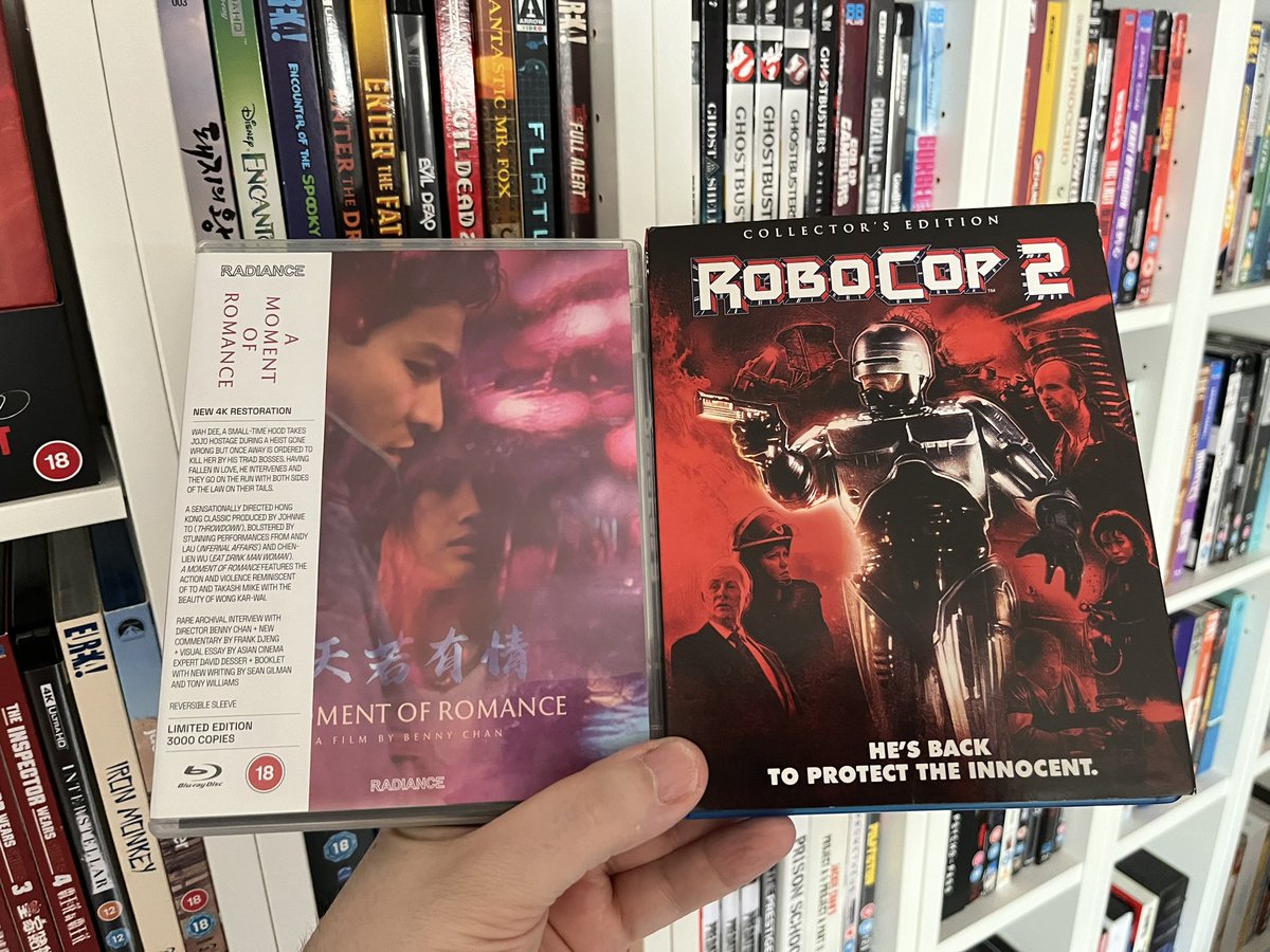 Just the two today.  I’m looking forward to revisiting ‘A Moment Of Romance’. Fantastic work courtesy of @FilmsRadiance. Shout out to @sammocoo for the @Scream_Factory Robocop 2. Always a pleasure sir.