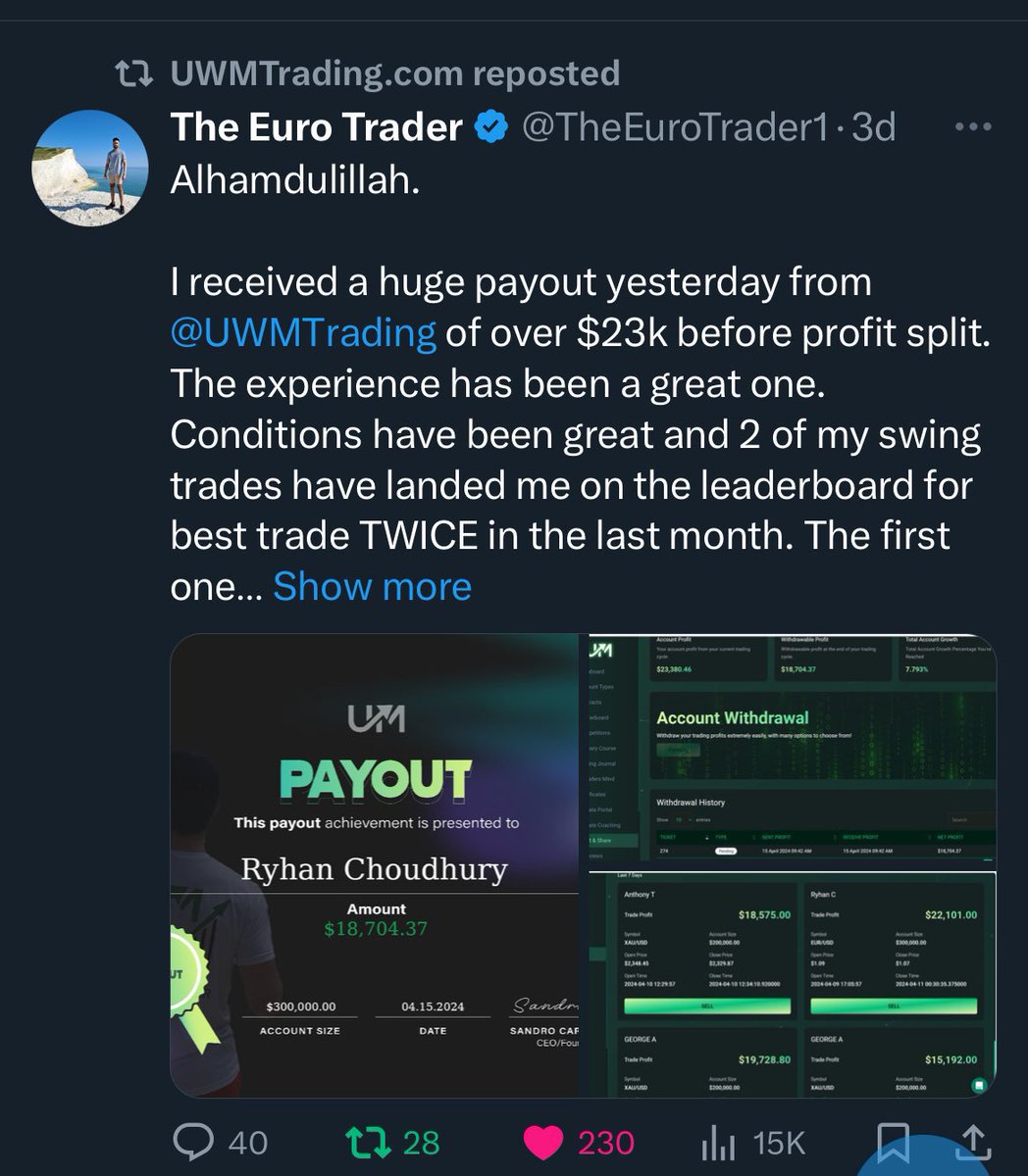 Massive repost ✅📢

Payouts are the most important criteria to look into when considering prop firms you want to trade with  

That’s why you should choose @UWMTrading 

~Active c-trader 
~Active match-trade
~Active Dx-trade 
~incoming MT4/MT5

#getfundedwithuwm today !!