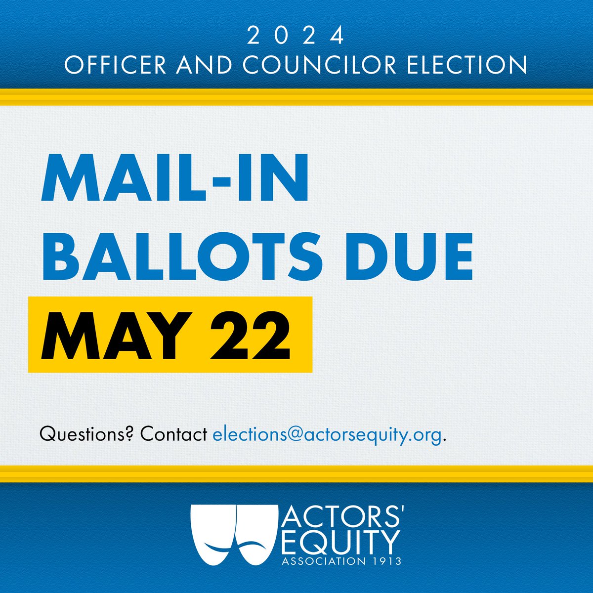 Have you cast your vote in our National Council election yet? Ballots must be received by Wednesday, May 22, 2024 at 5 p.m. ET/4 p.m. CT/3 p.m. MT/2 p.m. PT to be counted. Need to know more about the election or the candidates? Visit the Member Portal: members.actorsequity.org/get-involved/u…