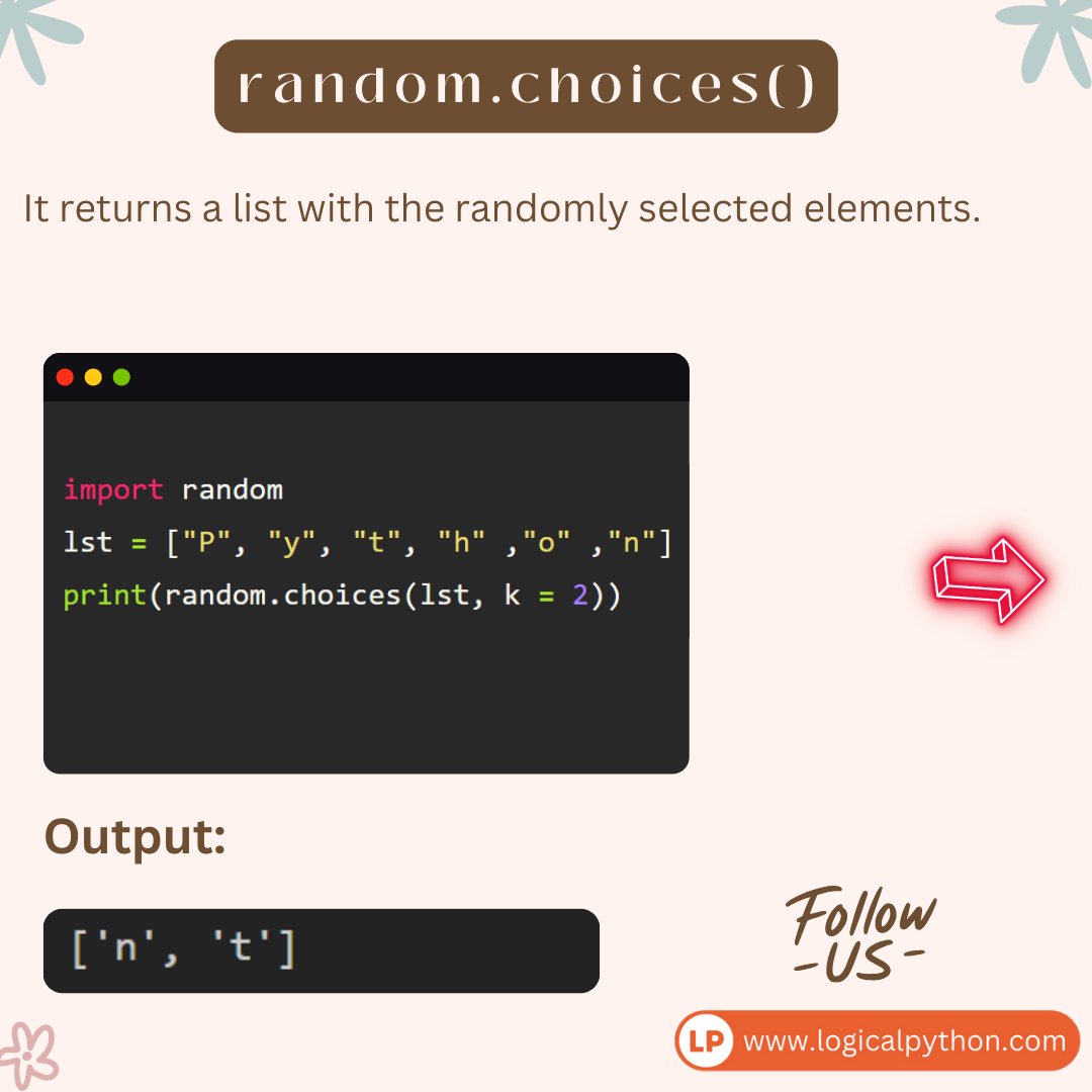 random.choices()

#Python #Programming #Coding #pythonprogramming #100DaysofCode