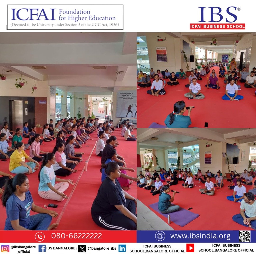 Embracing serenity and strength! 🌿🧘‍♂️✨ Incredible moments from the yoga session with Dr. Namita Kumari and Mr. Arnab Roy at IBS Bangalore campus.
#Meditation #Yoga #YogaAtIBS #MindBodyBalance #WellnessJourney #ICFAI #Bengaluru #IBSB #MBA