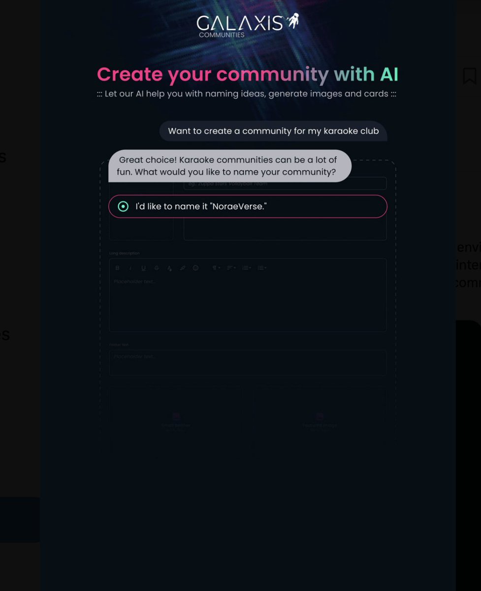 WOAH! <a href="/Galaxisxyz/">Galaxis</a> is now powered with artificial intelligence 🤯

What a game changer 🌌

Creators kick-off the process by describing their envisioned community through the Galaxis Assistant chat interface. This step allows creators to put their ideas &amp; vision for their community