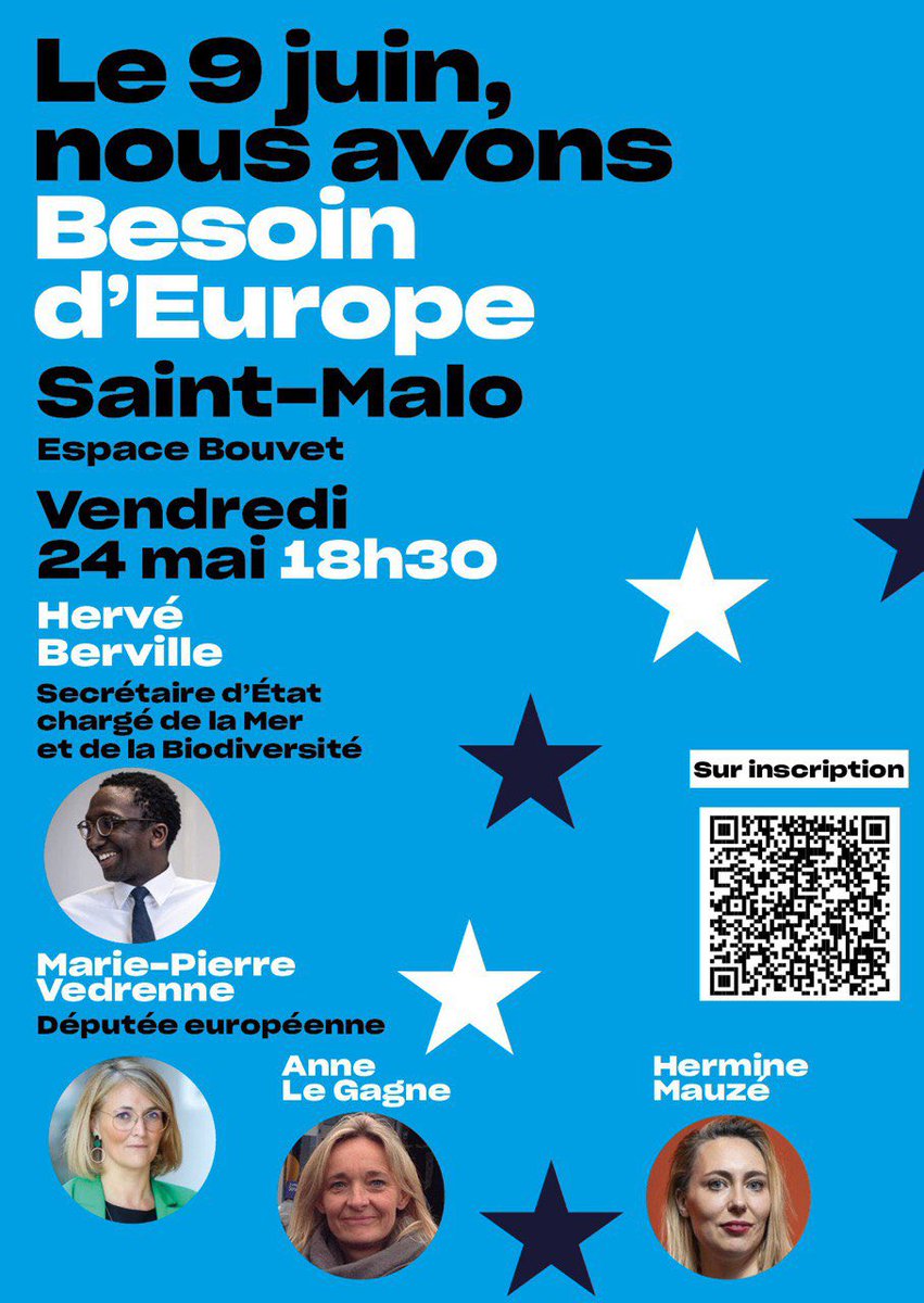 Parce que nous avons tous @BesoindEurope et que l’Europe a besoin de vous, rendez-vous à Saint-Malo jeudi 24 mai à 18h30 pour un débat avec @HerveBerville et les 3 candidates bretilliennes de la liste @BesoindEurope conduite par @ValerieHayer #9juin 📲✍️docs.google.com/forms/d/e/1FAI…