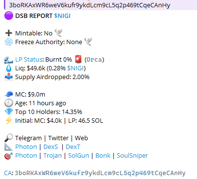 CryptoRugMunch's tweet photo. #1 trending token $NIGI. This has seen a phenomenal 10,600% increase in price in the last 24 hours. No block 0 snipes on this one. Top 10 wallets control 14% of the supply. Looks like about 2% of supply was airdropped. Top wallet distribution appears to be setup reasonably. Despite all the Pump haters out there, myself included, some of these projects really do have the ability to fly once they hit the market. https://t.co/j6MV1RrTk4