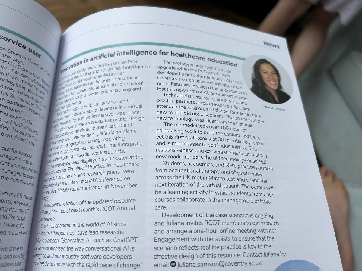 Great to see @JulianaSamsonPT in this month’s #OTNews sharing work around her #PhD on GenAI in education. She will be at #RCOT2024 not a demo to miss @Rosiekneafsey