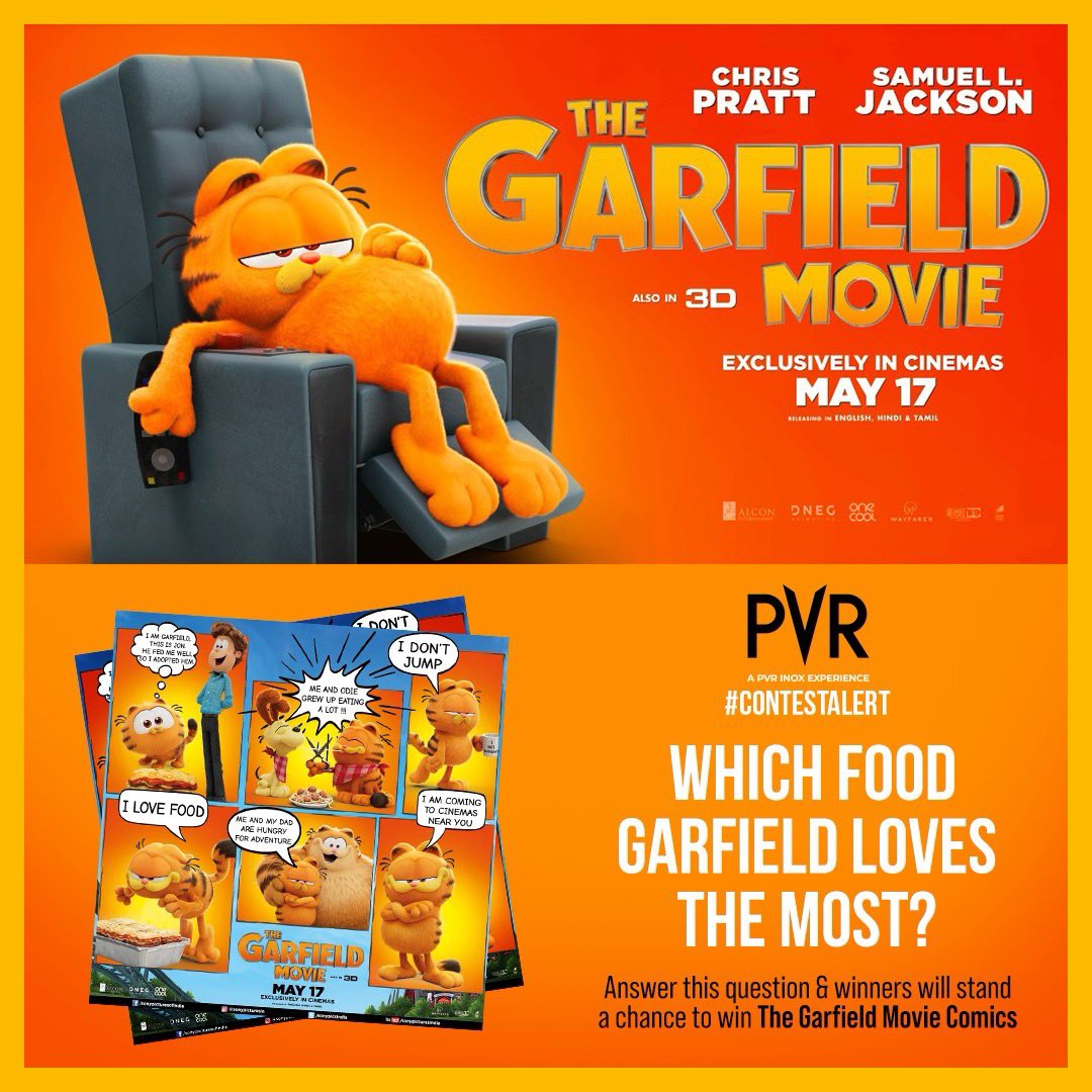 Join Garfield on his craziest adventure yet! 🐈‍⬛🎬 Answer a simple question and stand a chance to win The Garfield Movie comics. Steps: 1: Share your answer in the comments 2: Tag PVR CINEMAS and your friends 3: Tag #TheGarfieldMovieAtPVR contest & follow us Now screening at