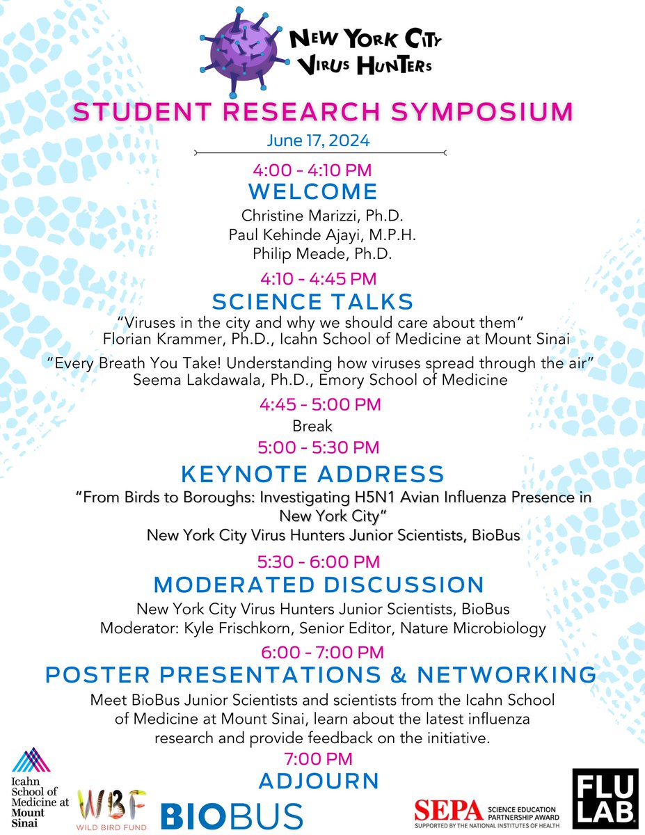 I am happy to announce our annual New York City Virus Hunters Research Symposium. Join us if you want to learn about our community science program that looks for viruses in birds in New York City. Our students will present their newest data. with @Lakdawala_Lab (Emory)