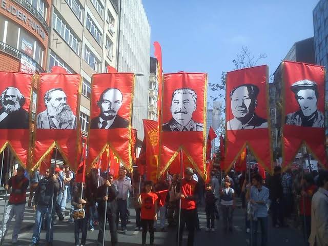 Banners of Marx, Engels, Lenin, Stalin, Mao and Turkish communist Ibrahim Kaypakkaya. (via reddit:reddit.com/r/MarxistCultu…)