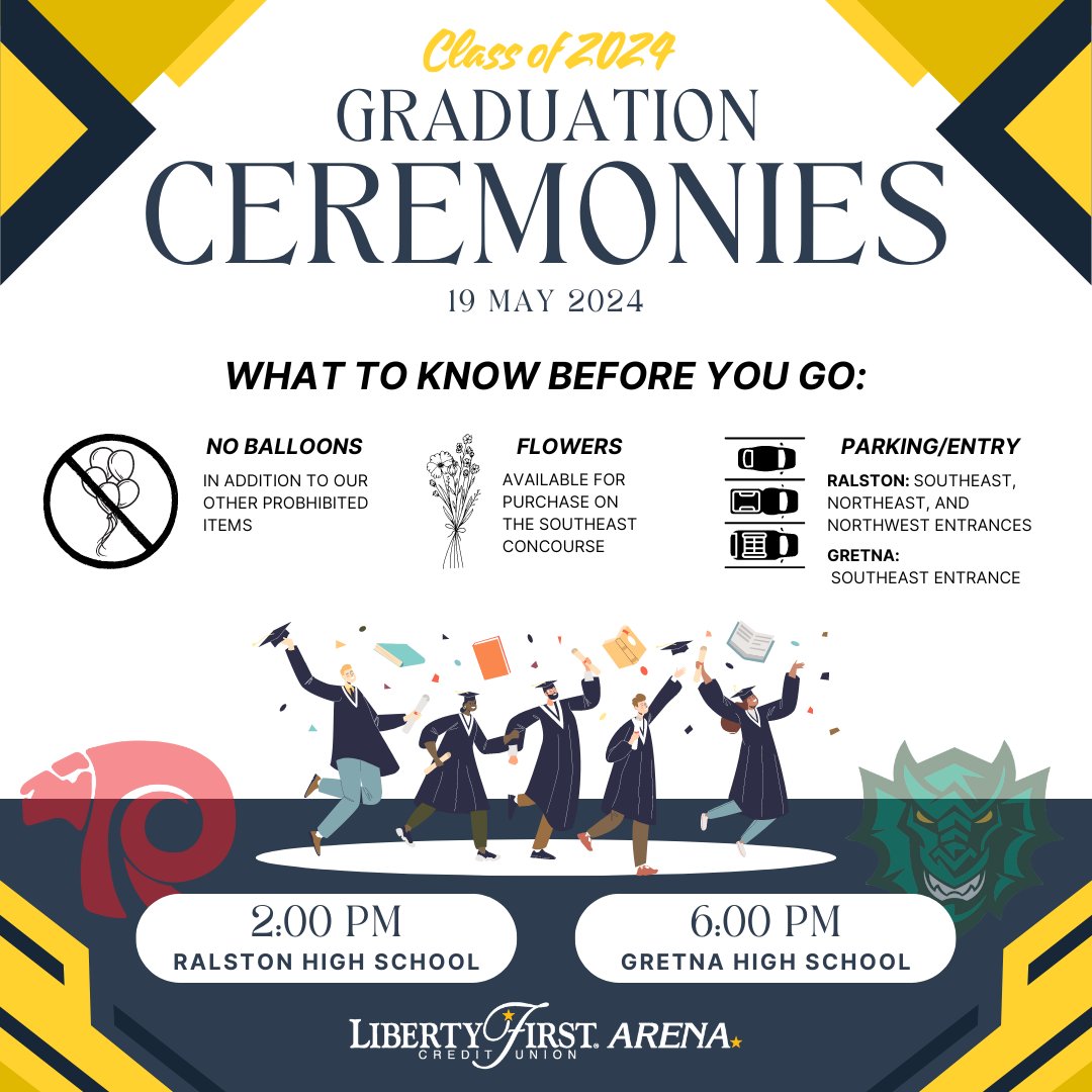 The Ralston and Gretna High School Commencements are this Sunday, May 19! Ralston: 2:00 pm Gretna: 6:00 pm Here's what to know before you go: 🌐 bit.ly/NOB4UGO 🚫🎈 No balloons 💮 Flowers available for purchase Congratulations Class of 24! 🎓