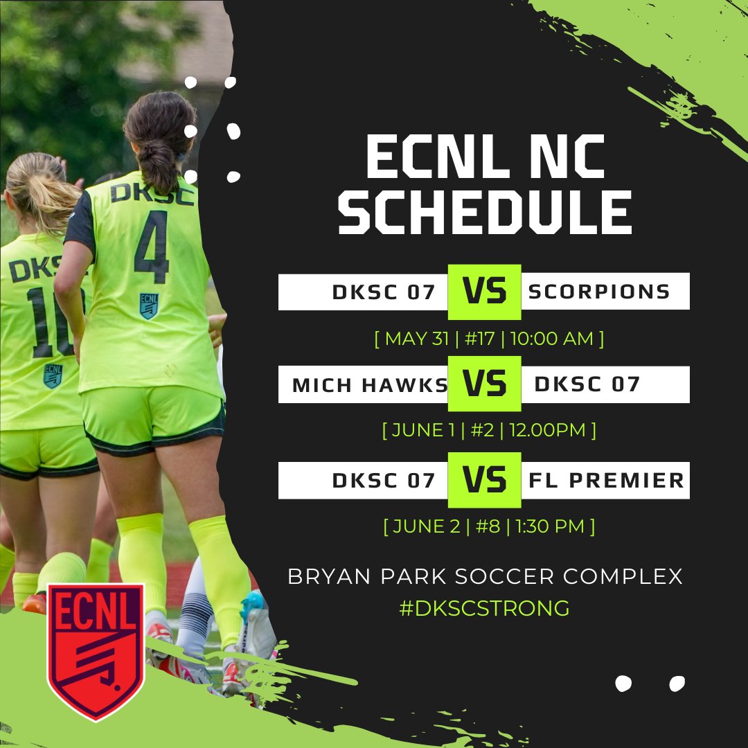 DKSC ECNL 06/07G (@07gdksc) on Twitter photo 2 WEEKS until <a href="/ECNLgirls/">ECNL Girls</a> North Carolina showcase! Coaches, we have some fantastic uncommitted 2025 players and several 2026s that need to be on your watch list! We can't wait to see you on the sidelines at Bryan Park Soccer Complex! <a href="/DKSC_official/">D'Feeters Kicks Soccer Club</a> 2 WEEKS until <a href="/ECNLgirls/">ECNL Girls</a> North Carolina showcase! Coaches, we have some fantastic uncommitted 2025 players and several 2026s that need to be on your watch list! We can't wait to see you on the sidelines at Bryan Park Soccer Complex! <a href="/DKSC_official/">D'Feeters Kicks Soccer Club</a>