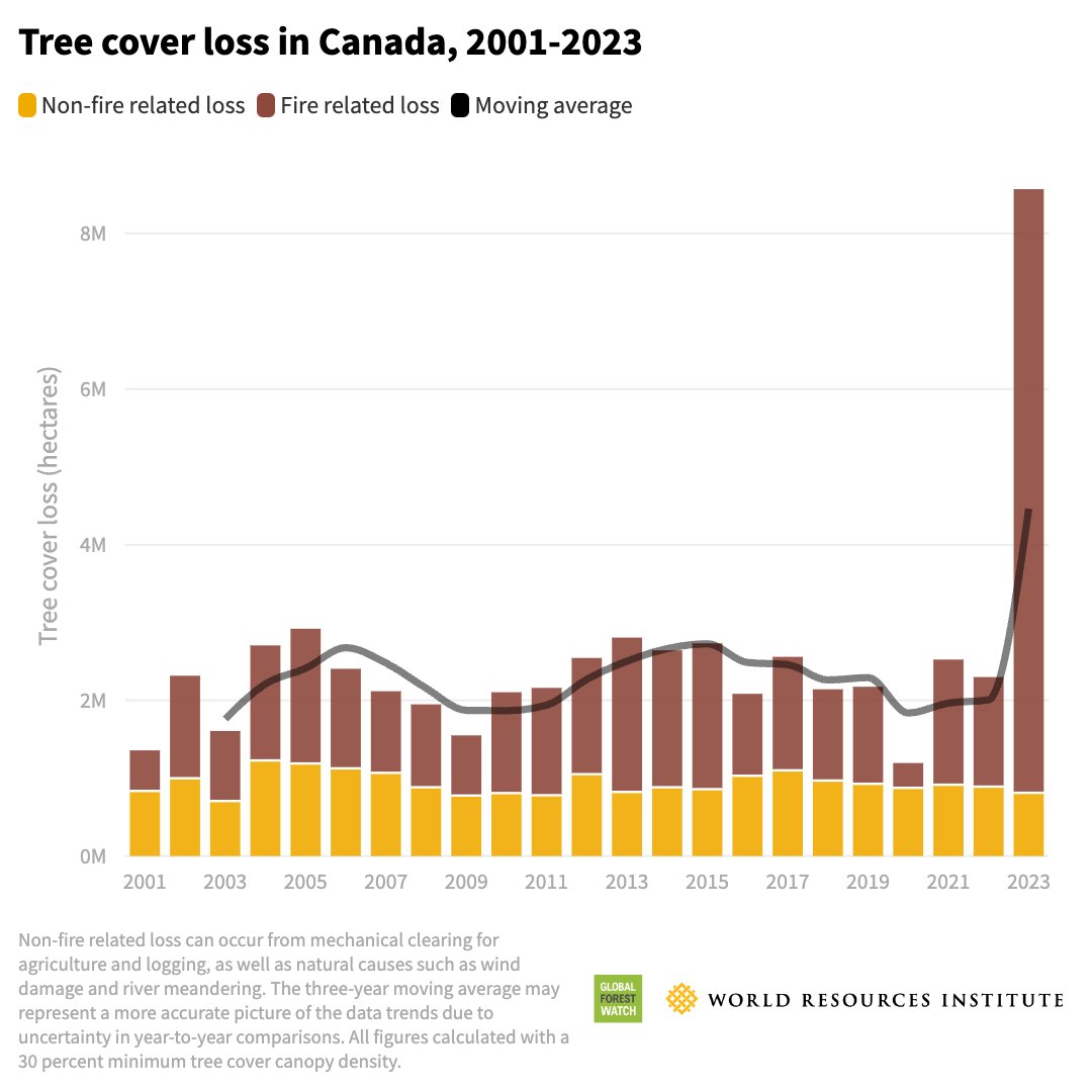 #TreeCoverLoss in Canada spiked in 2023 because of a record-breaking forest fire season🔥 Loss increased 270% from the year prior. Read how Canada’s fires impacted global loss last year 👉 gfw.global/3T6guXO