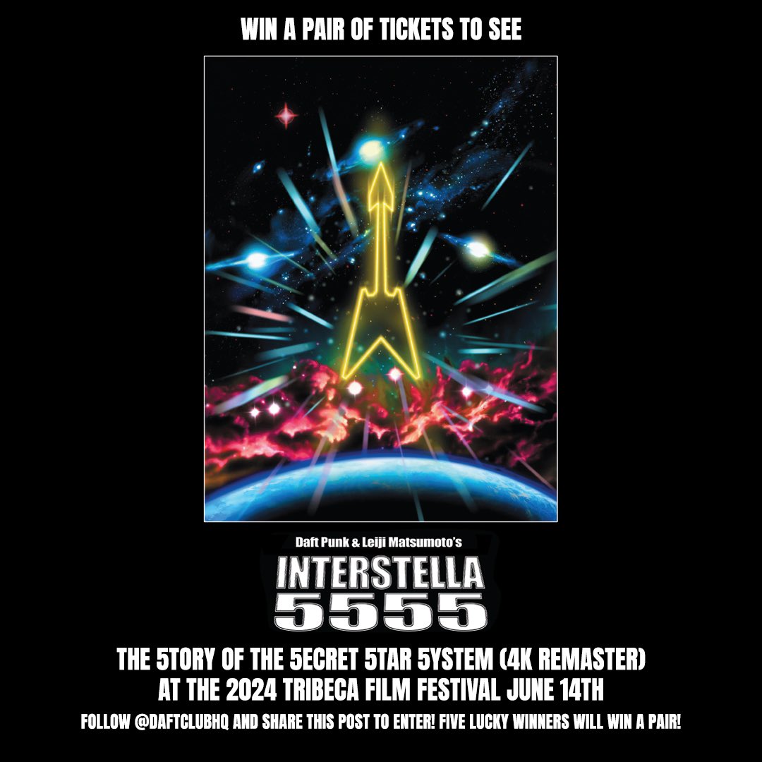 Live near NYC? Want to see the world premiere of Interstella 5555’s 4k remaster? 🩵💫  

Daft Club is giving away tickets to the @Tribeca Film Festival screening of Interstella 5555 to five lucky winners and a guest! Follow @daftclubhq and share this post to enter! More below ⬇️