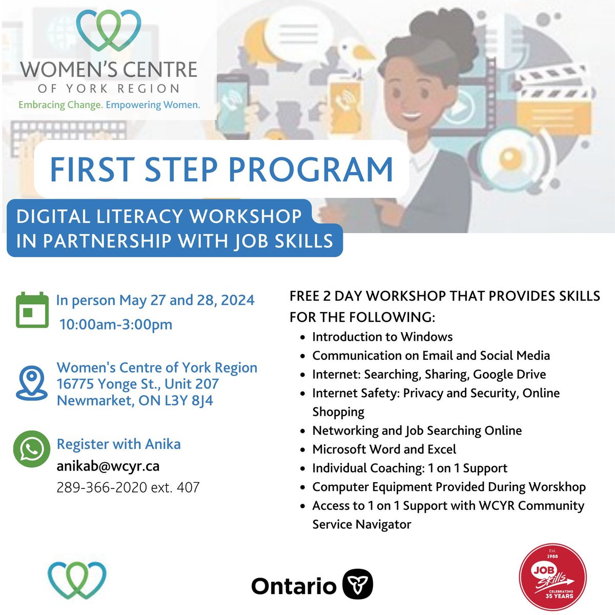 Join the Digital Literacy Workshop! For women-identified individuals 18+ to develop & enhance their digital literacy skills. Lessons include introduction to Microsoft, email communication, social media, internet safety & more! #DigitalLiteracy #EmpoweringWomen #YorkRegion